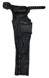 Unisex premium leather motorcycle chaps with cargo pocket, designed for gun holster use by Dynamicleather.