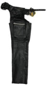 Unisex premium leather motorcycle chaps with cargo pocket by Dynamicleather, featuring durable leather construction and functional design.