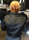 Buffalo Leather Gear women's full-length motorcycle jacket with side lace details and ammo pocket, black leather, stylish and protective.