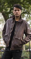 HighwayLeather men's bomber leather jacket with classic design, featuring smooth black leather and ribbed cuffs and collar.