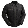 First MFG Austin men's leather jacket, black men’s jacket with classic styling and detailed stitching, front view.