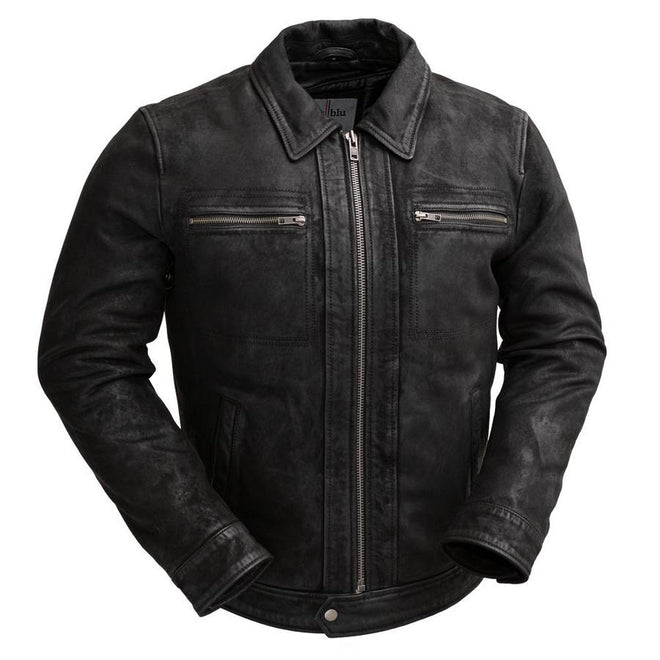 First MFG Austin men's leather jacket, black men’s jacket with classic styling and detailed stitching, front view.