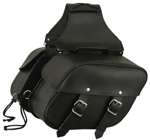 Dynamicleather FIBAG8008 biker bag with sleek black leather design and silver hardware, featuring multiple compartments and adjustable strap.