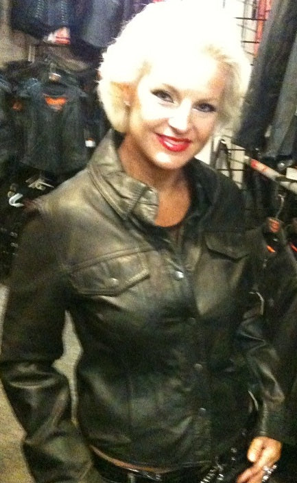Black leather women's shirt jacket from HighwayLeather, featuring a fitted design and stylish collar detail.