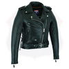 Buffalo Leather Gear women's full-length motorcycle jacket with side lace and ammo pocket, showcasing rugged style and durable design.