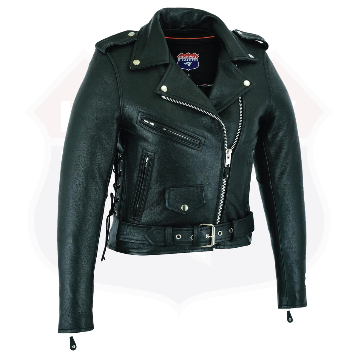 Buffalo Leather Gear women's full-length motorcycle jacket with side lace and ammo pocket, showcasing rugged style and durable design.