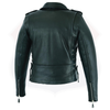 Buffalo Leather Gear women's full-length motorcycle jacket with side lace detail and ammo pocket, black leather and stylish design.