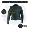 Buffalo Leather Gear women's full-length motorcycle jacket with side lace detail and ammo pocket, black leather, front view.