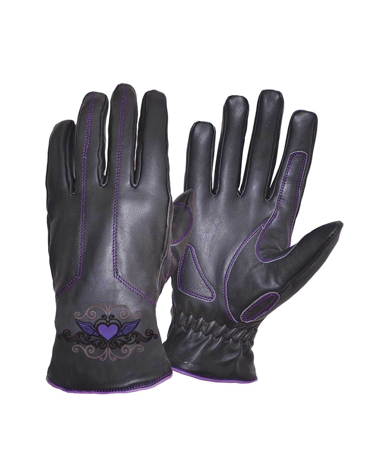 Ladies full finger motorcycle gloves with heart embroidery by Dynamicleather, showcasing black leather gloves with detailed heart stitching.