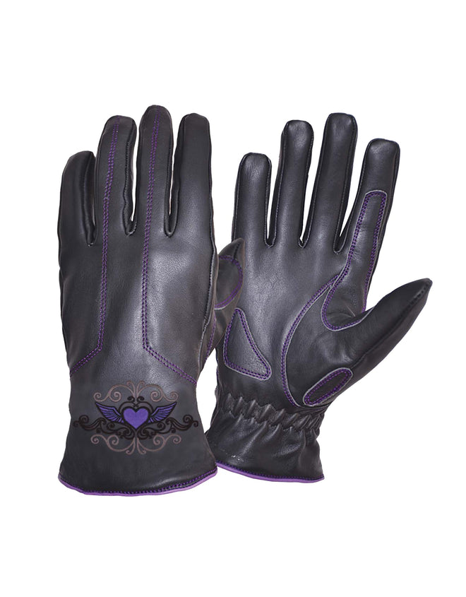 Ladies full finger motorcycle gloves with heart embroidery by Dynamicleather, showcasing black leather gloves with detailed heart stitching.