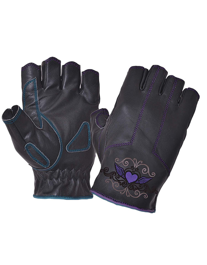 Dynamicleather ladies fingerless motorcycle gloves with heart embroidery, black leather with cut-out design and decorative stitching.