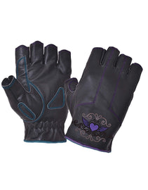 Ladies Fingerless Motorcycle Gloves with Heart Embroidery