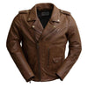 Men's leather jacket from First MFG, black men's jacket with a classic fit and detailed stitching, displayed on a hanger.