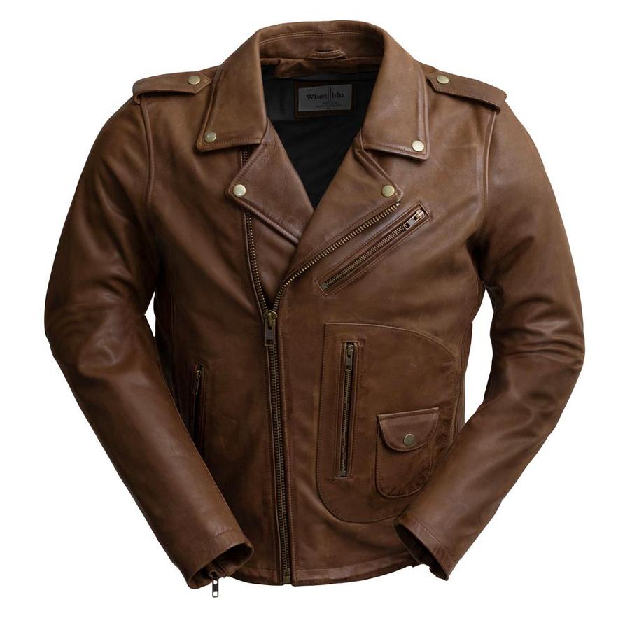 Men's leather jacket from First MFG, black men's jacket with a classic fit and detailed stitching, displayed on a hanger.