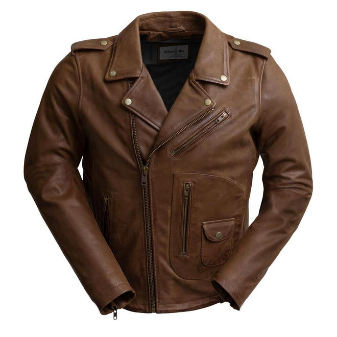 Men's leather jacket from First MFG, black men's jacket with a classic fit and detailed stitching, displayed on a hanger.