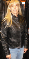 Black leather women's shirt jacket by HighwayLeather featuring a classic collar and fitted design.