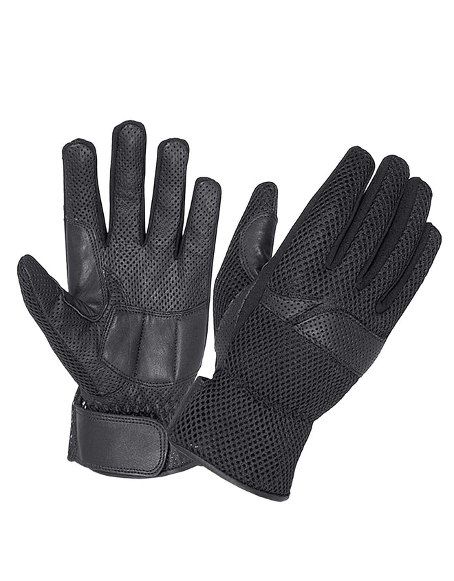 Full finger leather gloves by Dynamicleather, showing smooth black leather with detailed stitching and snug fit on hands.