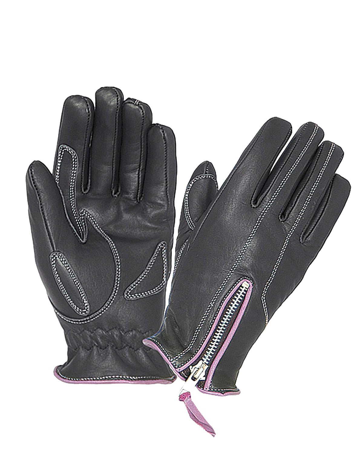 Ladies full finger zippered gloves by Dynamicleather, showing black leather gloves with zipper closure and detailed stitching.
