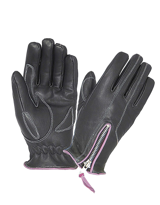 Ladies full finger zippered gloves by Dynamicleather, showing black leather gloves with zipper closure and detailed stitching.
