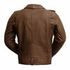 First MFG men's leather jacket with classic design, featuring a smooth brown leather exterior and stylish collar detail.