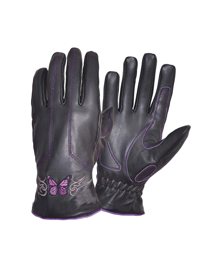 Ladies full finger leather gloves with butterfly embroidery by Dynamicleather, featuring detailed stitching and smooth leather texture.