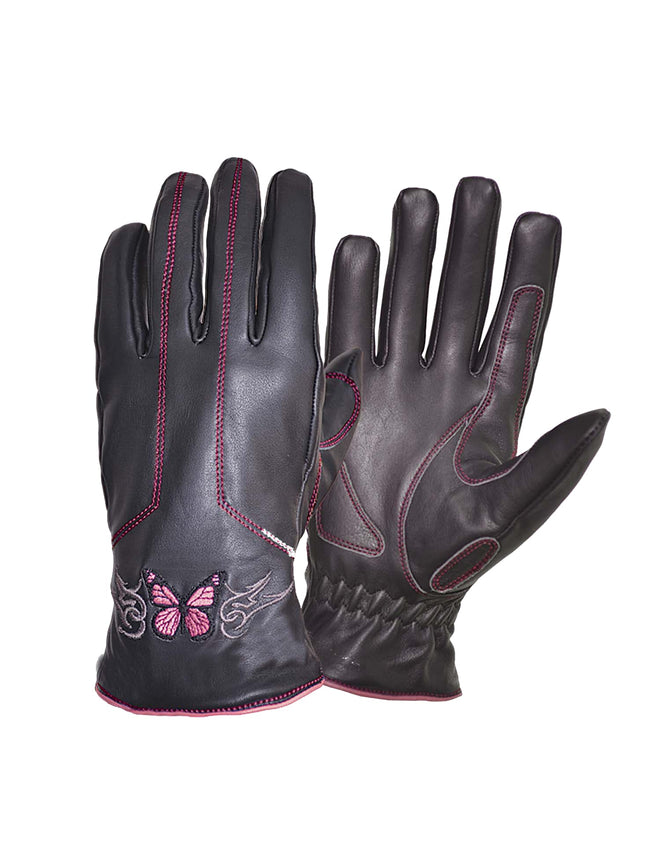 Dynamicleather ladies full finger leather gloves with butterfly embroidery, showcasing detailed craftsmanship and elegant design.