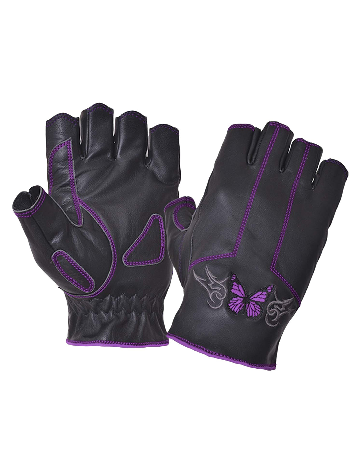 Dynamicleather ladies fingerless motorcycle gloves with butterfly embroidery, showcasing black leather with decorative stitching.