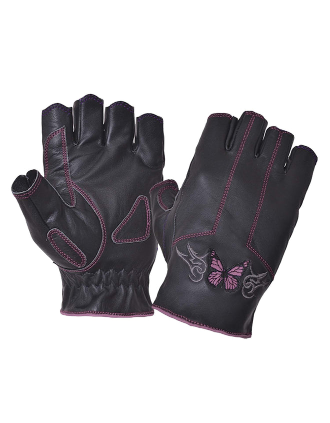 Ladies fingerless motorcycle gloves with butterfly embroidery from Dynamicleather, showing black gloves with decorative butterfly designs.