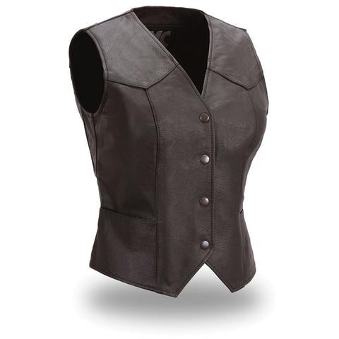 Dynamicleather Sweet Sienna leather motorcycle vest with front zipper and shoulder detailing on black leather.