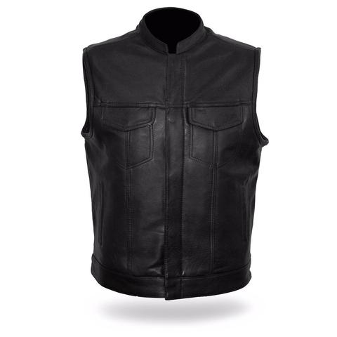 Dynamicleather Sharp Shooter leather biker vest with front zipper, shoulder patches, and classic rugged design.