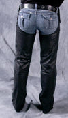 Dynamicleather shotgun chaps with no belt, legging style, featuring snap belt closures and sturdy leather construction.