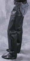 Dynamicleather shotgun chaps with side snap belt and leg protection, designed for riding or outdoor activities.