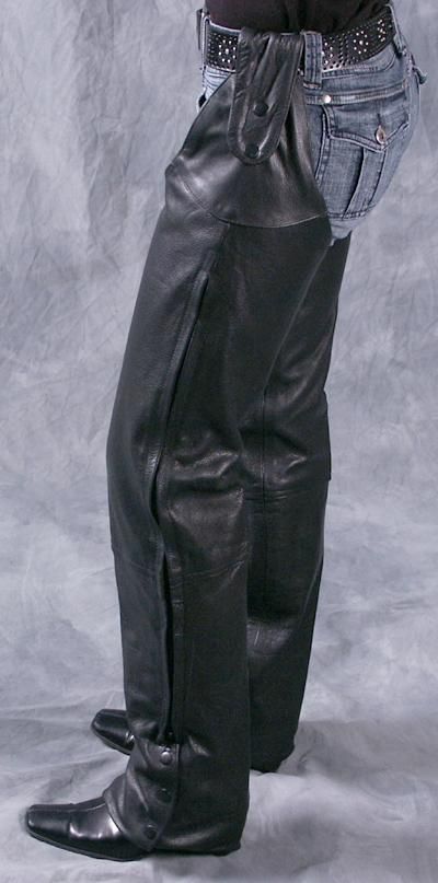 Dynamicleather shotgun chaps, legging chaps, no belt chaps, snap belt chaps shown from side view on a white background.