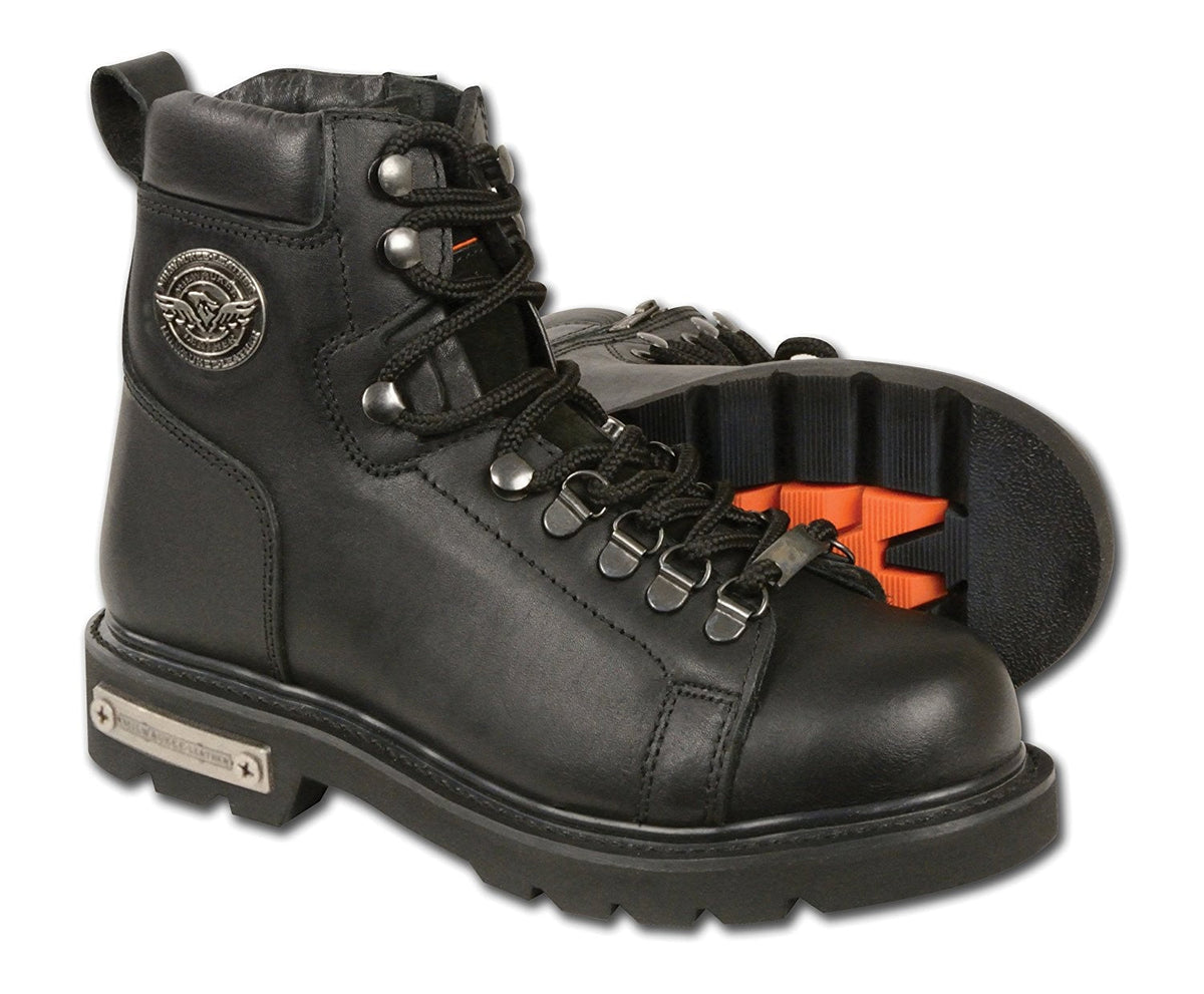 Women's Classic Motorcycle Boots by Dynamicleather featuring black leather design, ankle-height with sturdy soles and buckle accents.