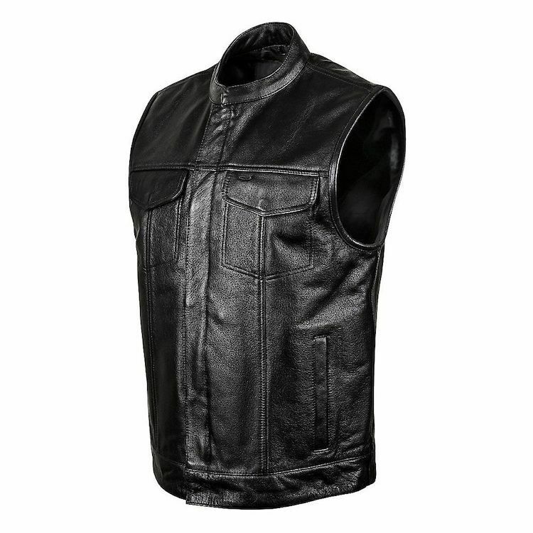 Women’s basic leather motorcycle vest with side lace details, zipper pockets, by Dynamicleather, featuring a fitted style and classic design.