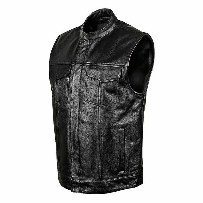 Women’s basic leather motorcycle vest with side lace details, zipper pockets, by Dynamicleather, featuring a fitted style and classic design.