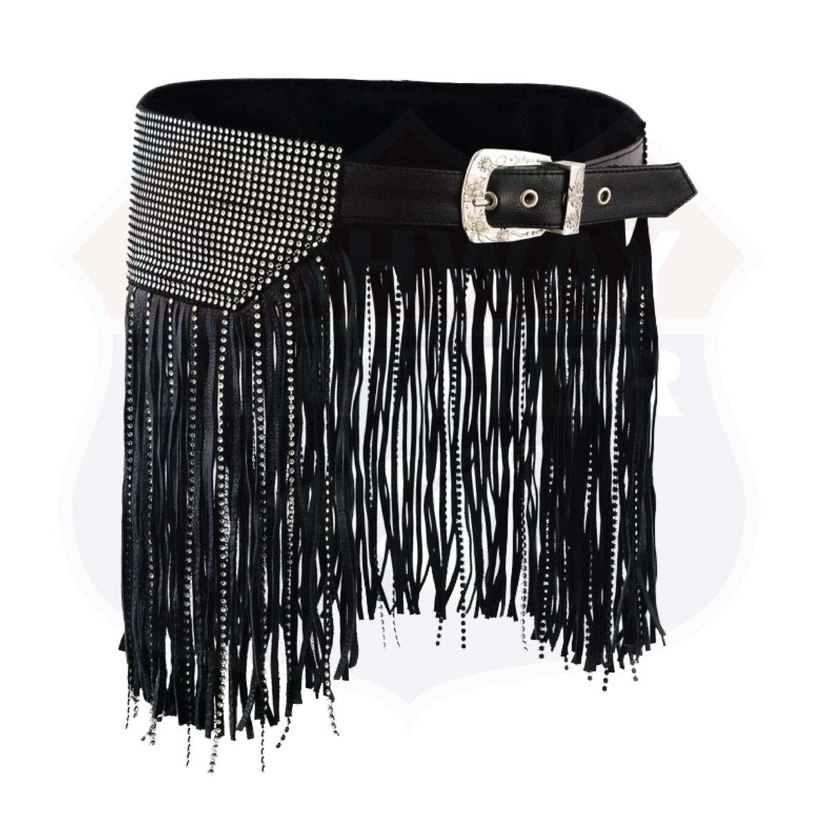 Buffalo Leather Gear women's black leather tassel hip belt with bling embellishments and vintage western design.