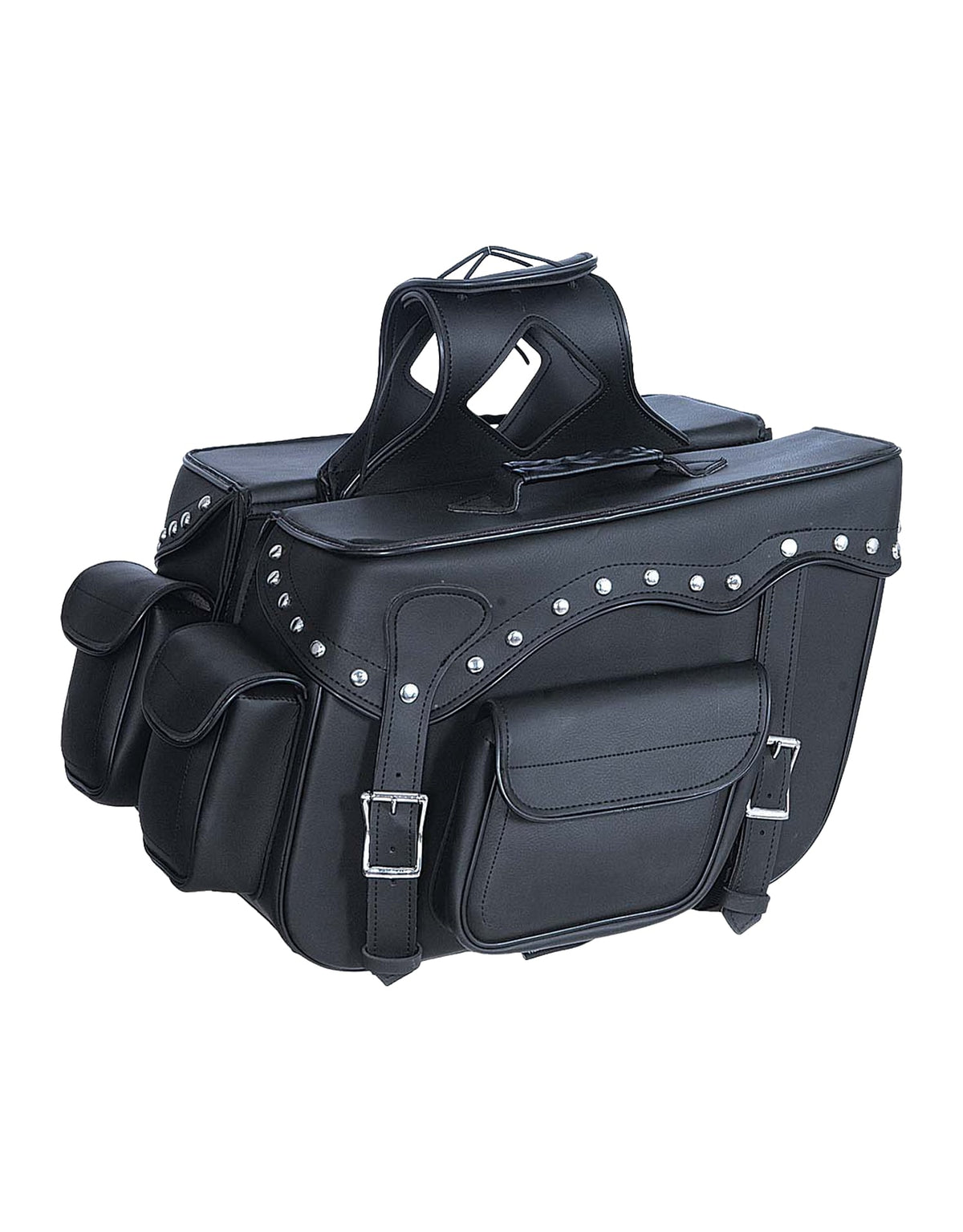 Dynamicleather PVC saddle bag for bikers, featuring durable material and sleek design, mounted on a motorcycle seat.