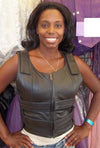 Woman wearing the black leather motorcycle vest with front zipper.