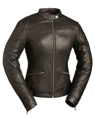 Black Diamond women’s jacket by Dynamicleather featuring a sleek design, zipper closure, and stylish black leather exterior.