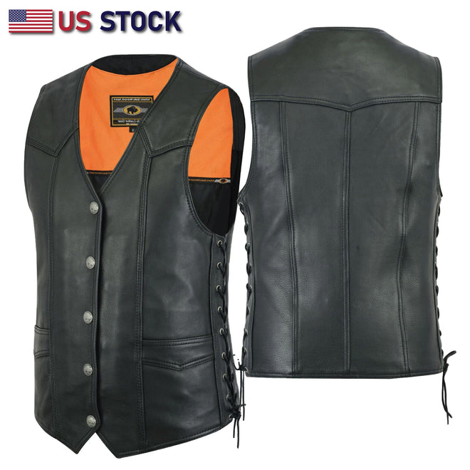 Buffalo Leather Gear men's leather vest with buffalo nickel snaps, side lace detail, and motorcycle-style design.