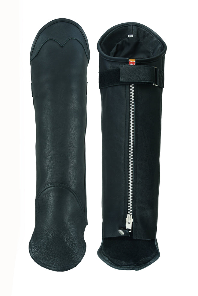 Black leather BUFFALO LEATHER GEAR gaiter chap with short leg design, premium leather construction, and snug fit.