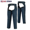 Blue denim motorcycle chaps by Buffalo Leather Gear with lightweight riding design and motorcycle style, in a blue color.