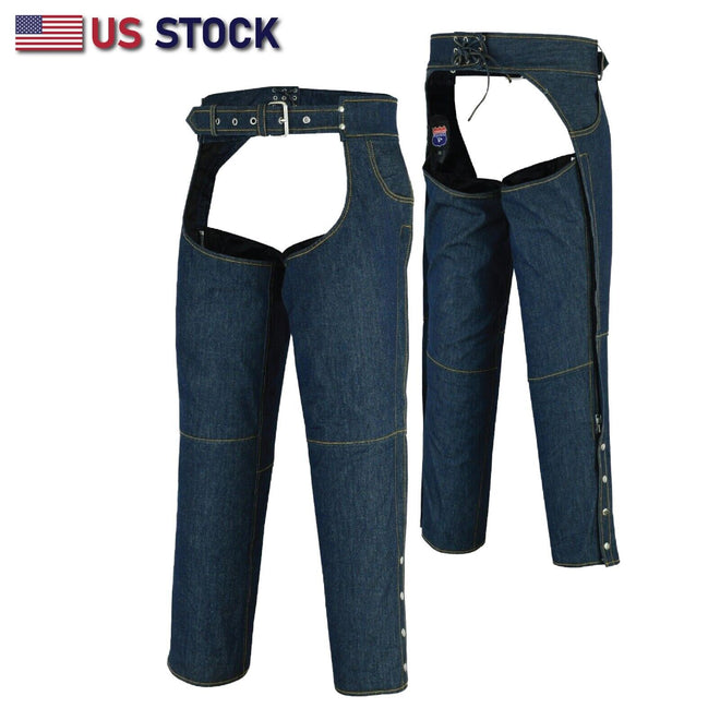 Blue denim motorcycle chaps by Buffalo Leather Gear with lightweight riding design and motorcycle style, in a blue color.