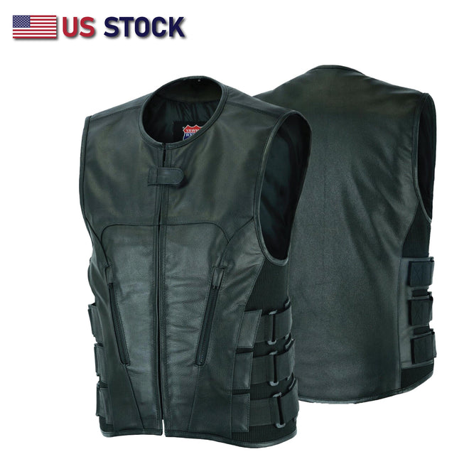 Buffalo Leather Gear men's SWAT-style motorcycle vest with club-style design, made from durable leather with tactical features.