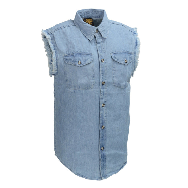 Men's blue lightweight sleeveless denim shirt by HighwayLeather, showing the denim fabric and sleeveless design.