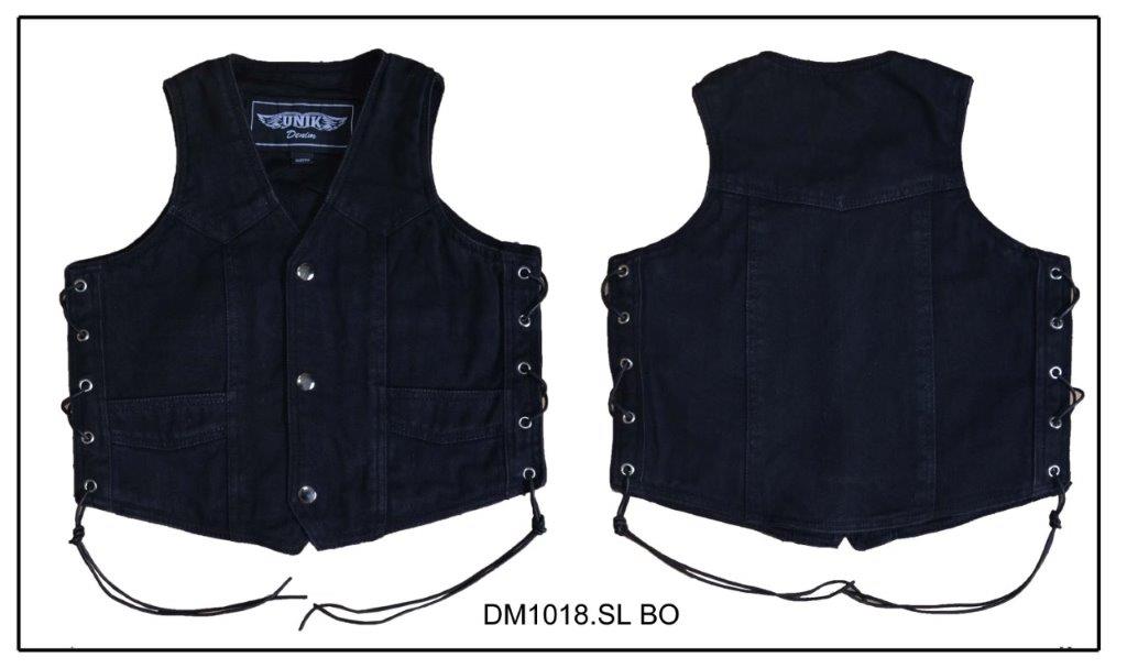Boy's black denim motorcycle vest by Dynamicleather, featuring a stylish design with motorcycle-inspired details and branding.