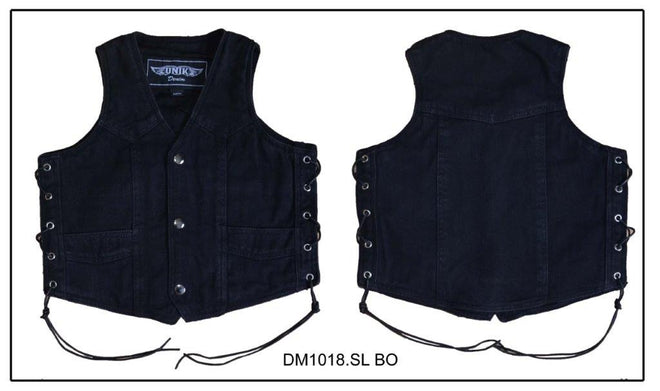 Boy's black denim motorcycle vest by Dynamicleather, featuring a stylish design with motorcycle-inspired details and branding.