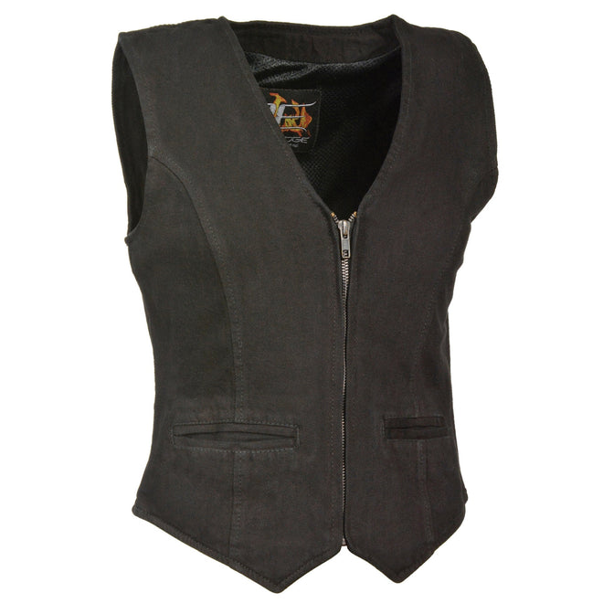 Black ladies denim vest with zipper front and V-neck collar, stylish women's vest by HighwayLeather.