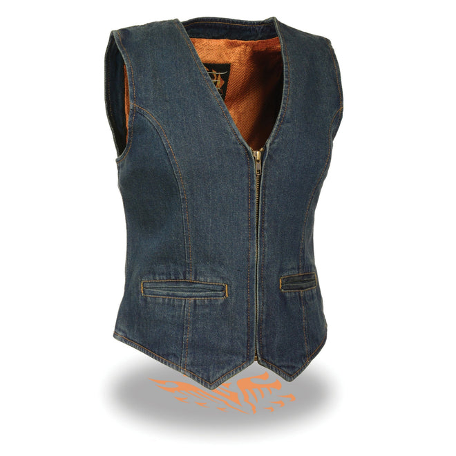 Blue ladies zipper front denim vest with V neck collar, stylish women's vest from HighwayLeather, displayed on a plain background.